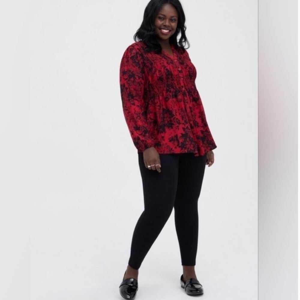 Torrid Smocked Babydoll Tunic 2X Red Black Floral Button Front High Low Top - Picture 3 of 8